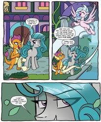 Size: 724x880 | Tagged: safe, artist:tonyfleecs, idw, official comic, silverstream, smolder, swift foot, classical hippogriff, dragon, earth pony, hippogriff, pony, thracian, g4, spoiler:comic, spoiler:comicfeatsoffriendship01, claws, comic, dragoness, evil grin, evil planning in progress, eye clipping through hair, eyebrows, eyebrows visible through hair, eyeshadow, facade, female, flying, folded wings, grin, horns, lidded eyes, makeup, mare, raised eyebrow, school of friendship, smiling, speech bubble, spread wings, talons, teenaged dragon, teenager, wings, young mare