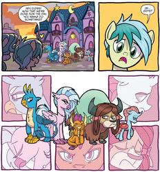 Size: 692x745 | Tagged: safe, artist:tony fleecs, idw, official comic, gallus, ocellus, sandbar, silverstream, smolder, swift foot, yona, changedling, changeling, classical hippogriff, dragon, earth pony, griffon, hippogriff, pony, thracian, yak, g4, spoiler:comic, spoiler:comicfeatsoffriendship01, angry, bow, cloven hooves, comic, cute, diaocelles, diastreamies, dragoness, female, gallabetes, hair bow, madorable, male, mare, sad, sadorable, smolderbetes, speech bubble, student six, yonadorable