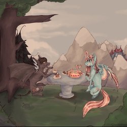 Size: 662x662 | Tagged: safe, artist:ghastly_inner_world, oc, birthday party, cake, candle, castle, cup, food, forest, mountain, party, ponysona, scenery, sitting, tea, tea party, teacup