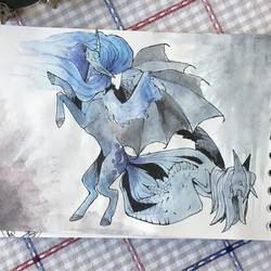 Size: 1080x1080 | Tagged: safe, artist:ghastly_inner_world, princess luna, alicorn, bat pony, bat pony alicorn, pony, g4, bat wings, bipedal, female, mare, photo, rearing, traditional art, watercolor painting, wings