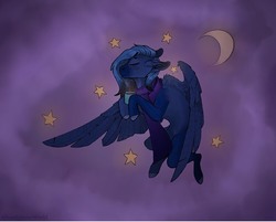 Size: 602x483 | Tagged: safe, artist:ghastly_inner_world, oc, oc only, pegasus, pony, clothes, cloud, coffee, cozy, crescent moon, cup, flying, moon, night, night sky, ponysona, scarf, sky, solo, stars