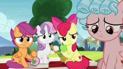 Size: 1280x720 | Tagged: safe, screencap, apple bloom, cozy glow, scootaloo, sweetie belle, earth pony, pegasus, pony, unicorn, g4, marks for effort, apple, basket, belly, carrot, cutie mark crusaders, female, filly, foal, food, horn, picnic, picnic basket, picnic blanket, sad