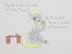 Size: 3264x2448 | Tagged: safe, artist:don2602, derpy hooves, pegasus, pony, g4, amy winehouse, crumbs, female, food, high res, holding, muffin, open mouth, rehab, shivering, sitting, solo, song reference, table, traditional art