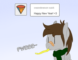 Size: 1000x769 | Tagged: safe, artist:phoenixswift, oc, oc only, oc:fuselight, pegasus, pony, ask fuselight, ask, bandaid, bandaid on nose, clothes, happy new year, holiday, male, party horn, scarf, solo, stallion, tumblr