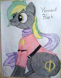 Size: 1450x1856 | Tagged: safe, artist:dr.grasshopper, oc, oc:vermont black, earth pony, pony, belt, clothes, cosplay, costume, male, phi, scarf, sitting, solo, stallion, traditional art