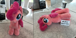 Size: 6016x3024 | Tagged: safe, artist:burgunzik, pinkie pie, pony, galacon, galacon 2019, g4, german, irl, looking up, out of order, photo, plushie