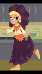 Size: 679x1177 | Tagged: safe, artist:sjart117, saffron masala, human, equestria girls, g4, spice up your life, bowl, clothes, cupboard, dark skin, dish, dress, equestria girls-ified, female, flats, food, humanized, kitchen, long skirt, looking at you, mixer, shoes, skirt, smiling, solo, tap