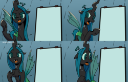 Size: 1422x911 | Tagged: safe, artist:pony-berserker, queen chrysalis, changeling, changeling queen, g4, chrysalis' plan, comic, fangs, female, gru's plan, i can't believe it's not idw, meme, meme template, open mouth, solo