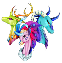 Size: 1936x1979 | Tagged: safe, artist:oneiria-fylakas, princess ember, queen novo, thorax, changedling, changeling, classical hippogriff, dragon, hippogriff, g4, my little pony: the movie, bust, dragoness, female, king thorax, portrait, simple background, transparent background