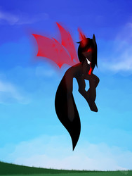 Size: 1500x2000 | Tagged: safe, artist:teelastrie, oc, oc only, oc:nub, pony, unicorn, artificial wings, augmented, flying, glowing eyes, glowing horn, horn, magic, magic wings, necktie, red and black oc, red eyes, sky, solo, wings