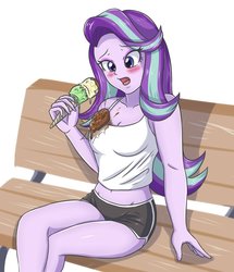 Size: 1771x2055 | Tagged: safe, artist:sumin6301, starlight glimmer, human, equestria girls, g4, bad day, beautiful, bench, blushing, breasts, busty starlight glimmer, cleavage, clothes, clumsy, crossed legs, dropped ice cream, eating, embarrassed, eyeshadow, female, food, gym shorts, ice cream, makeup, multicolored hair, purple eyes, purple skin, shiny skin, shorts, side slit, simple background, sitting, solo, stain, tank top, that human sure does love ice cream, that pony sure does love ice cream, unlucky, white background