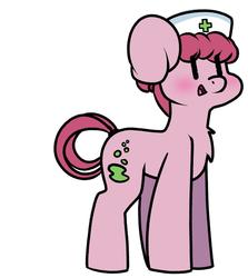 Size: 1151x1288 | Tagged: safe, artist:spoopygander, oc, oc only, oc:bubbly joy, earth pony, pony, big ears, female, green cross, hat, impossibly large ears, mare, nurse, nurse hat, simple background, solo