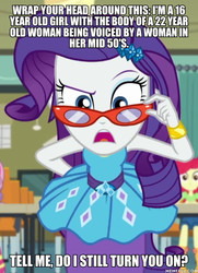 Size: 600x828 | Tagged: safe, edit, edited screencap, screencap, apple bloom, rarity, sweetie belle, equestria girls, g4, happily ever after party, happily ever after party: rarity, my little pony equestria girls: better together, caption, cyoa, geode of shielding, glasses, image macro, magical geodes, memeful.com, rarity peplum dress, rarity's glasses, text