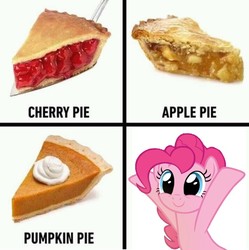 Size: 710x714 | Tagged: safe, edit, edited screencap, editor:leonidus, screencap, pinkie pie, earth pony, pony, g4, spice up your life, apple, apple pie, cherry pie (food), cute, diapinkes, female, food, funny, happy, hooves up, looking at you, meme, pie, pumpkin pie, simple background, smiling, solo, text, whipped cream, white background, wordplay