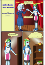 Size: 1546x2200 | Tagged: safe, artist:physicrodrigo, rainbow dash, trixie, comic:rainbow dash's lamp adventure, equestria girls, g4, belly button, breasts, comic, commission, curtains, female, helping, key, lamp, magic lamp, midriff, shelf, solo, speech bubble, stage, storage room, thought bubble