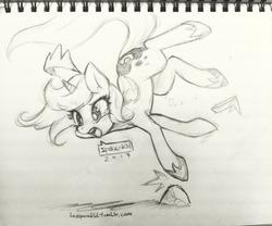 Size: 1280x1063 | Tagged: safe, artist:jopiter, princess luna, alicorn, pony, g4, female, filly, grayscale, hoof shoes, lineart, monochrome, pencil drawing, simple background, solo, traditional art, tripping, white background, woona, younger