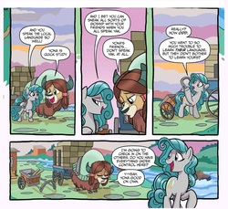 Size: 2104x1928 | Tagged: safe, artist:tony fleecs, idw, official comic, swift foot, yona, earth pony, pony, thracian, yak, g4, spoiler:comic, spoiler:comicfeatsoffriendship01, bow, cart, cloven hooves, comic, duo, evil planning in progress, facade, fake cutie mark, female, hair bow, horns, manipulation, mare, raised hoof, speech bubble, teenager