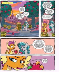 Size: 2086x2526 | Tagged: safe, artist:tonyfleecs, idw, official comic, smolder, swift foot, dragon, earth pony, pony, thracian, g4, spoiler:comic, spoiler:comicfeatsoffriendship01, apple, apple tree, comic, dragoness, duo, female, food, high res, manipulation, mare, speech bubble, sweet apple acres, tree