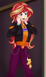 Size: 871x1446 | Tagged: safe, artist:anonix123, sunset shimmer, human, equestria girls, g4, how to backstage, my little pony equestria girls: better together, clothes, cutie mark on clothes, excited, female, music festival outfit, pants, solo