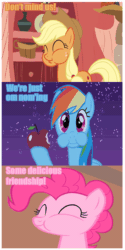 Size: 450x900 | Tagged: safe, edit, edited screencap, screencap, applejack, pinkie pie, rainbow dash, earth pony, pegasus, pony, a bird in the hoof, g4, look before you sleep, owl's well that ends well, animated, apple, aweeg*, caption, chewing, eating, female, food, gif, golden oaks library, image macro, text