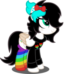 Size: 834x959 | Tagged: safe, artist:buckeyescozycafe, oc, oc only, oc:rainbow droplet, pegasus, pony, bow, clothes, ear piercing, earring, female, freckles, hair bow, jewelry, mare, piercing, rainbow socks, simple background, socks, solo, striped socks, sweater, transparent background