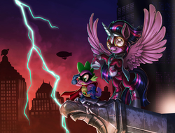 Size: 1600x1211 | Tagged: safe, artist:harwick, spike, twilight sparkle, alicorn, dragon, pony, g4, power ponies (episode), airship, city, clothes, cute, description at source, duo, female, humdrum costume, lightning, male, maretropolis, masked matter-horn costume, power ponies, rearing, skyscraper, spikabetes, spread wings, twilight sparkle (alicorn), wings