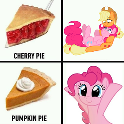 Size: 597x600 | Tagged: safe, artist:storfulsten, derpibooru exclusive, edit, edited edit, edited screencap, editor:leonidus, editor:starry mind, screencap, applejack, pinkie pie, earth pony, pony, g4, spice up your life, apple, apple pie, cherry pie (food), cuddling, cute, diapinkes, female, food, funny, happy, hooves up, hug, lesbian, looking at each other, looking at you, mare, meme, pie, pumpkin pie, pun, ship:applepie, shipping, simple background, smiling, text, whipped cream, white background, wordplay