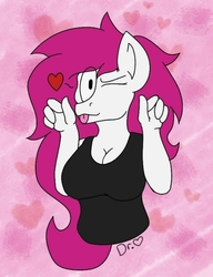 Size: 720x937 | Tagged: safe, artist:drheartdoodles, oc, oc:mamma, anthro, big breasts, breasts, bust, cleavage, cute, female, heart, milf, nyah, one eye closed, solo, tongue out, wink