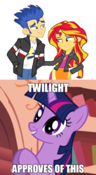 Size: 1368x2504 | Tagged: safe, flash sentry, sunset shimmer, twilight sparkle, alicorn, equestria girls, g4, approved, approves, female, golden oaks library, male, ship:flashimmer, shipping, straight, twilight sparkle (alicorn)