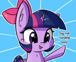 Size: 1686x1381 | Tagged: safe, artist:artiks, twilight sparkle, alicorn, pony, g4, apple bloom's bow, bow, cute, dialogue, female, fusion, hair bow, mare, simple background, smiling, solo, twiabetes, twilight sparkle (alicorn)