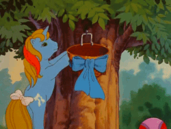 Size: 400x300 | Tagged: safe, screencap, ribbon (g1), pony, unicorn, g1, my little pony: the movie (g1), animated, ball, basket, bow, female, gif, tail bow, tree