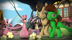 Size: 3840x2160 | Tagged: safe, artist:fiopon, oc, oc only, oc:lucky brush, oc:night chaser, pony, 3d, braid, female, flower, high res, house, luckychaser, male, mouth hold, outdoors, paintbrush, ponyville, scar, shipping, source filmmaker, straight, tree, walking