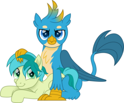 Size: 1500x1250 | Tagged: safe, artist:cloudy glow, gallus, sandbar, griffon, pony, g4, cute, duo, gallabetes, gay, happy, interspecies, looking at you, male, movie accurate, out of context, paws, prone, sandabetes, ship:gallbar, shipping, simple background, sitting, stallion, tail, teenager, transparent background, vector