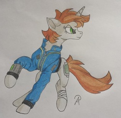 Size: 1993x1941 | Tagged: safe, artist:eclipseflower, oc, oc only, oc:littlepip, pony, unicorn, fallout equestria, bandage, clothes, fanfic, fanfic art, female, hooves, horn, jumpsuit, mare, pipbuck, simple background, solo, traditional art, vault suit, white background