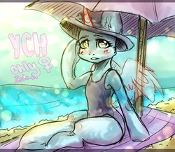 Size: 2300x2000 | Tagged: safe, pony, advertisement, beach, beach umbrella, clothes, commission, female, hat, high res, solo, swimsuit, ych example, your character here