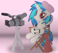 Size: 3600x3300 | Tagged: safe, artist:agkandphotomaker2000, dj pon-3, vinyl scratch, pony, unicorn, g4, camera, camera on tripod, chair, crossed legs, director, director's chair, director's hat, female, high res, hooves, horn, mare, megaphone, sitting, smiling, solo, tripod
