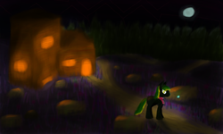 Size: 2048x1228 | Tagged: safe, oc, oc only, oc:vermont black, earth pony, firefly (insect), pony, clothes, complex background, everfree forest, field, forest, hay, hay bale, house, male, moon, night, scarf, sky, solo, stallion, tree