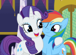 Size: 1936x1400 | Tagged: safe, artist:squipycheetah, mean rainbow dash, mean rarity, rainbow dash, rarity, pegasus, pony, unicorn, g4, the mean 6, animated, clone, cute, evil grin, female, folded wings, frown, gif, grin, happy, hug, lesbian, narrowed eyes, ship:mean raridash, ship:raridash, shipping, smiling, wings