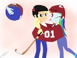 Size: 2224x1668 | Tagged: safe, artist:invaderody, applejack, rainbow dash, equestria girls, g4, butt grab, butt touch, clothes, female, grope, lesbian, shared clothing, ship:appledash, shipping