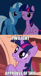 Size: 828x1514 | Tagged: safe, artist:navitaserussirus, edit, trixie, twilight sparkle, pony, g4, approved, approves, female, golden oaks library, lesbian, ship:twixie, shipping