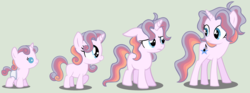 Size: 3880x1440 | Tagged: dead source, safe, artist:grumppanda, oc, oc only, oc:bellissima stella, pony, 5-year-old, age progression, baby, baby pony, base used, female, filly, simple background, solo, teenager