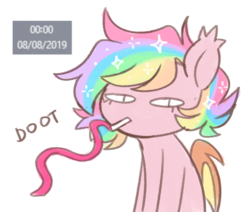 Size: 1069x907 | Tagged: safe, artist:hawthornss, oc, oc only, oc:paper stars, bat pony, pony, bat pony oc, clock, doot, ear fluff, ethereal mane, female, looking at you, party horn, simple background, solo, starry mane, text, white background