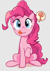 Size: 350x500 | Tagged: safe, artist:baekgup, artist:rirepink, edit, pinkie pie, earth pony, pony, g4, :p, cropped, female, gray background, looking at you, mare, question mark, raised hoof, simple background, sitting, smiling, solo, tongue out