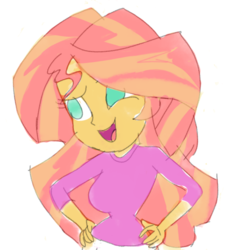 Size: 1104x1200 | Tagged: safe, artist:treble clefé, sunset shimmer, human, equestria girls, g4, colored, female, hand on hip, sketch, smiling, solo