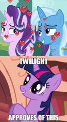 Size: 828x1514 | Tagged: safe, edit, edited screencap, screencap, starlight glimmer, trixie, twilight sparkle, pony, g4, approved, approves, female, golden oaks library, lesbian, ship:startrix, shipping