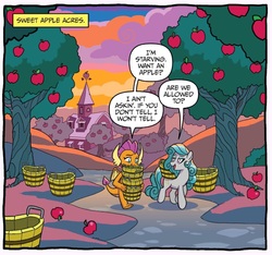 Size: 1411x1320 | Tagged: safe, artist:tony fleecs, idw, official comic, smolder, swift foot, dragon, earth pony, pony, thracian, g4, spoiler:comic, spoiler:comicfeatsoffriendship01, apple, apple tree, basket, carrying, cropped, dishonesty, dragoness, duo, female, food, lidded eyes, mare, speech bubble, sweet apple acres, tree