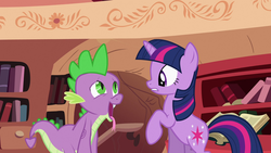 Size: 1920x1080 | Tagged: safe, screencap, spike, twilight sparkle, dragon, pony, unicorn, g4, secret of my excess, ahegao, duo, female, golden oaks library, male, mare, open mouth, raised hoof, tongue out, unicorn twilight