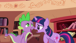 Size: 1920x1080 | Tagged: safe, screencap, spike, twilight sparkle, dragon, pony, unicorn, g4, secret of my excess, ahegao, duo, female, golden oaks library, male, mare, open mouth, raised hoof, tongue out, unicorn twilight