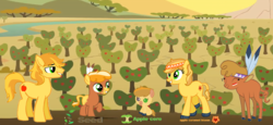 Size: 1960x900 | Tagged: safe, artist:hollymau, braeburn, little strongheart, bison, buffalo, earth pony, hybrid, pony, g4, apple tree, bisony, face paint, family, feather, female, grin, male, offspring, parent:braeburn, parent:little strongheart, parents:braeheart, raised hoof, ship:braeheart, shipping, smiling, stallion, straight, tree