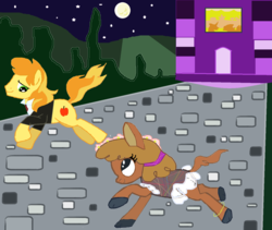 Size: 1410x1189 | Tagged: safe, artist:feuerwelle, braeburn, little strongheart, bison, buffalo, pony, g4, clothes, dress, female, gala dress, grand galloping gala, male, ship:braeheart, shipping, straight, suit